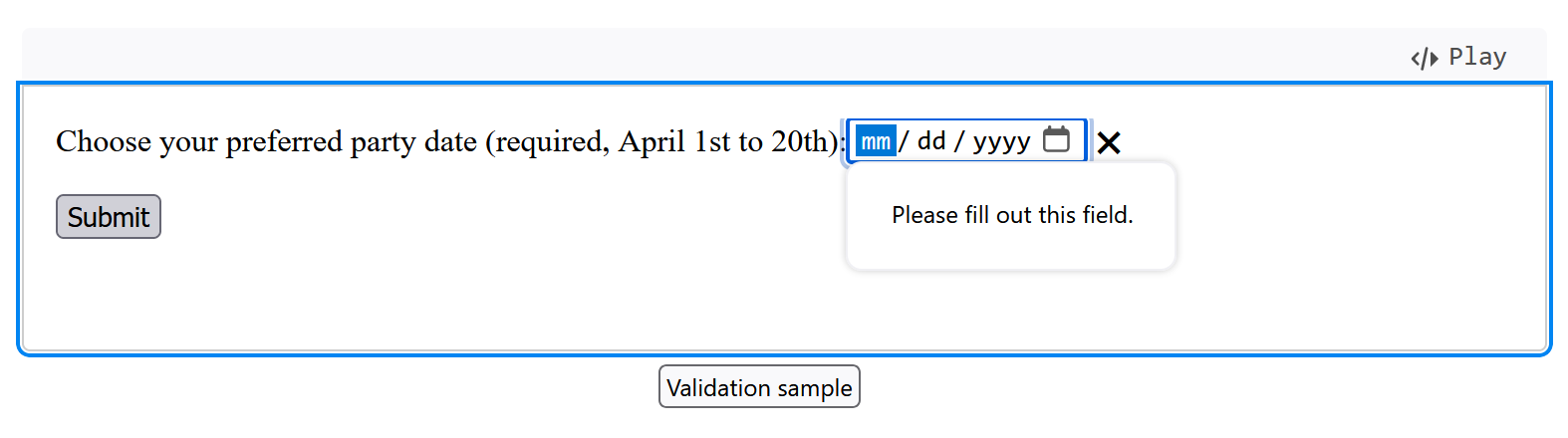 date picker chrome error message