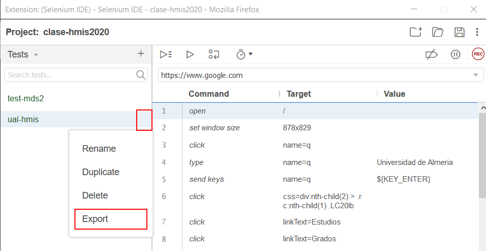 selenium ide export test