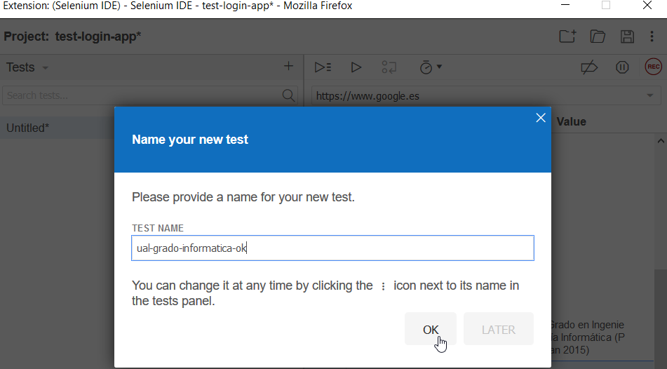 selenium ide stop test name